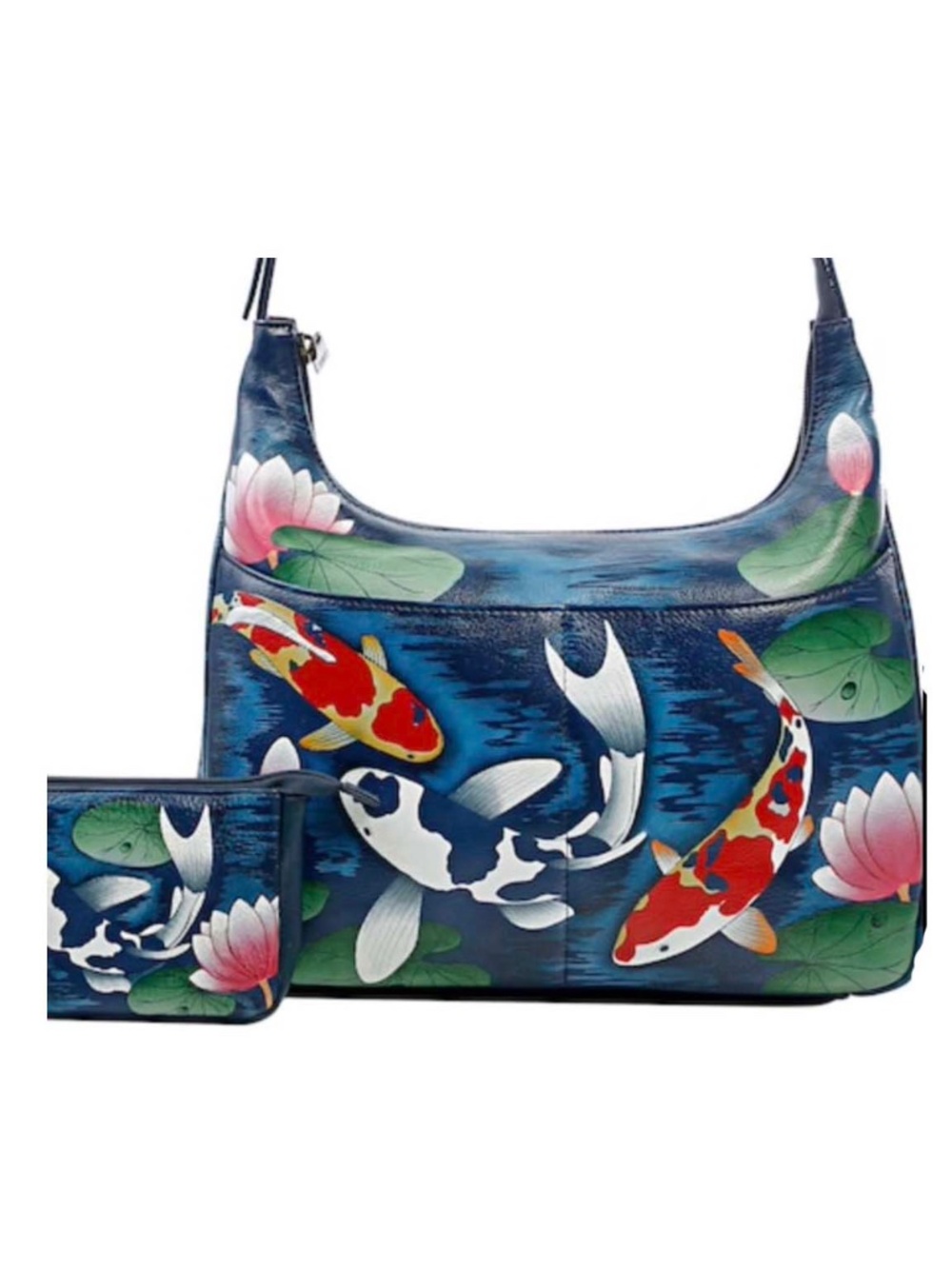 HOBO & MATCHING COIN PURSE, KOI FISH BLUES/REDS/GREENS/PINKS/WHITE BOTH SIDES,